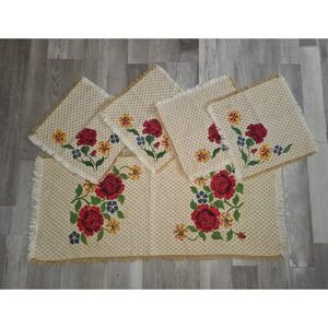 Vintage Needlepoint Floral Table Runner and 4 Placemats Set Red Rose Fringed